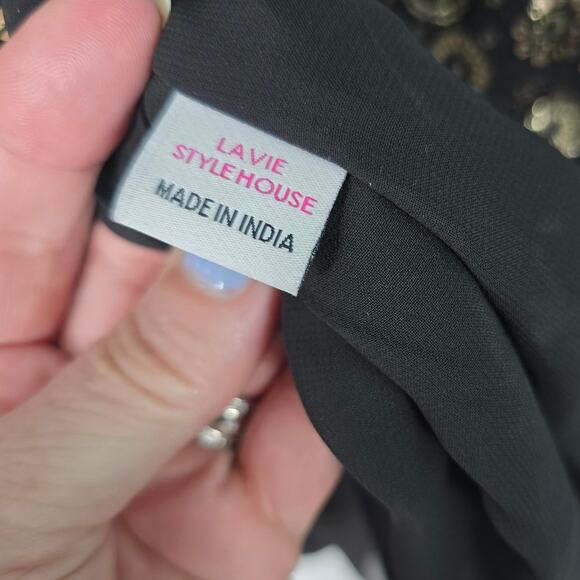 La Vie Style House Gold Deco Sequin Caftan Black Flared Sleeve Mini OSFM NWT - Picture 11 of 13